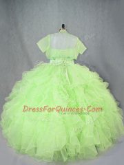 Affordable Yellow Green Organza Lace Up Quince Ball Gowns Sleeveless Floor Length Beading and Ruffles