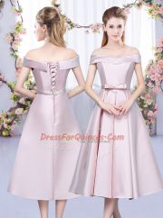 Baby Pink A-line Off The Shoulder Sleeveless Satin Tea Length Lace Up Bowknot Court Dresses for Sweet 16