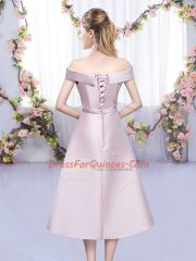 Baby Pink A-line Off The Shoulder Sleeveless Satin Tea Length Lace Up Bowknot Court Dresses for Sweet 16