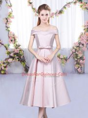 Baby Pink A-line Off The Shoulder Sleeveless Satin Tea Length Lace Up Bowknot Court Dresses for Sweet 16