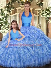 Graceful Sleeveless Floor Length Ruffles and Pick Ups Lace Up Quinceanera Dresses with Baby Blue