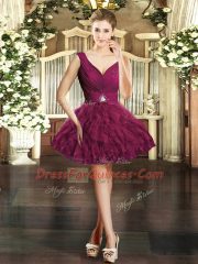 Spectacular Ball Gowns Dress for Prom Burgundy V-neck Organza Sleeveless Mini Length Backless