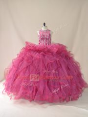 Beading and Ruffles Quince Ball Gowns Burgundy Lace Up Sleeveless Brush Train