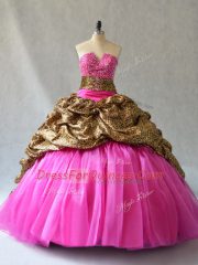 Sleeveless Organza Brush Train Lace Up Ball Gown Prom Dress in Hot Pink with Beading and Pick Ups