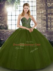 On Sale Sweetheart Sleeveless Sweet 16 Quinceanera Dress Floor Length Beading Olive Green Tulle