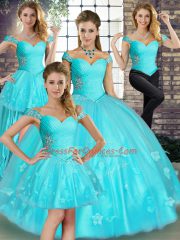Beauteous Aqua Blue Ball Gowns Off The Shoulder Sleeveless Tulle Floor Length Lace Up Beading and Appliques 15 Quinceanera Dress