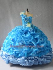 Baby Blue Lace Up One Shoulder Pick Ups and Hand Made Flower Sweet 16 Dresses Organza Sleeveless