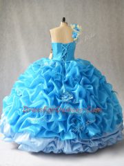 Baby Blue Lace Up One Shoulder Pick Ups and Hand Made Flower Sweet 16 Dresses Organza Sleeveless