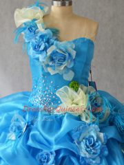 Baby Blue Lace Up One Shoulder Pick Ups and Hand Made Flower Sweet 16 Dresses Organza Sleeveless