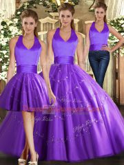 Great Purple Tulle Lace Up Halter Top Sleeveless Floor Length Sweet 16 Dress Beading