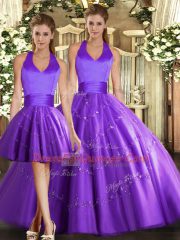 Great Purple Tulle Lace Up Halter Top Sleeveless Floor Length Sweet 16 Dress Beading