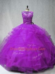 Brush Train Ball Gowns Quinceanera Dresses Purple Scoop Tulle Sleeveless Lace Up