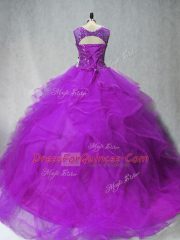 Brush Train Ball Gowns Quinceanera Dresses Purple Scoop Tulle Sleeveless Lace Up
