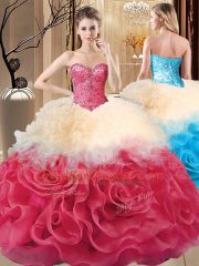 New Arrival Sleeveless Fabric With Rolling Flowers Floor Length Lace Up Quinceanera Dresses in Multi-color with Beading and Ruffles