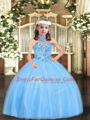 Customized Tulle Halter Top Sleeveless Lace Up Appliques Pageant Dress for Teens in Baby Blue