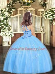 Customized Tulle Halter Top Sleeveless Lace Up Appliques Pageant Dress for Teens in Baby Blue