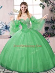 Fine Beading 15th Birthday Dress Green Lace Up Long Sleeves Floor Length