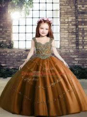 Tulle Sleeveless Floor Length Kids Formal Wear and Beading