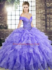 Comfortable Sleeveless Organza Brush Train Lace Up Quinceanera Dresses in Lavender with Beading and Ruffles