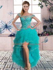 Sweet Teal Off The Shoulder Neckline Beading and Ruffles Dress for Prom Sleeveless Lace Up