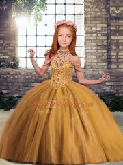 Cute Sleeveless Floor Length Beading Lace Up Kids Pageant Dress with Brown