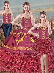 Adorable Sweetheart Sleeveless Brush Train Lace Up Quinceanera Gown Burgundy Satin and Organza