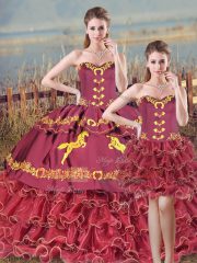 Adorable Sweetheart Sleeveless Brush Train Lace Up Quinceanera Gown Burgundy Satin and Organza