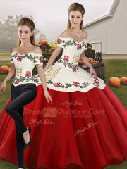 Trendy White And Red Organza Lace Up Ball Gown Prom Dress Sleeveless Floor Length Embroidery