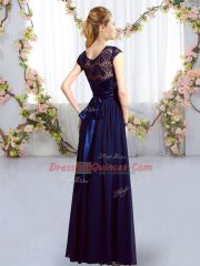 Cap Sleeves Zipper Floor Length Lace and Belt Dama Dress