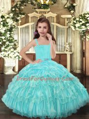Aqua Blue Sleeveless Floor Length Ruffled Layers Lace Up Kids Pageant Dress