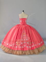 Clearance Watermelon Red Satin and Organza Lace Up Quinceanera Gowns Sleeveless Floor Length Embroidery