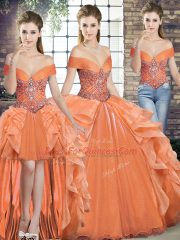 Custom Fit Sleeveless Floor Length Beading and Ruffles Lace Up Quince Ball Gowns with Orange