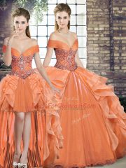 Custom Fit Sleeveless Floor Length Beading and Ruffles Lace Up Quince Ball Gowns with Orange