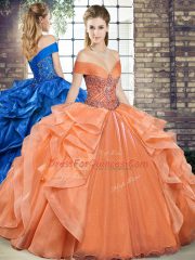 Custom Fit Sleeveless Floor Length Beading and Ruffles Lace Up Quince Ball Gowns with Orange
