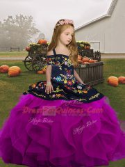 High End Fuchsia Sleeveless High Low Embroidery and Ruffles Lace Up Kids Formal Wear