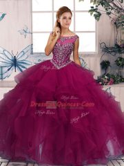 Fuchsia Ball Gowns Organza Scoop Sleeveless Beading and Ruffles Floor Length Zipper Quinceanera Dress