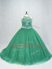 Fabulous Green Ball Gowns Tulle Scoop Sleeveless Beading Lace Up Quinceanera Gowns Brush Train