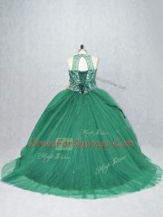 Fabulous Green Ball Gowns Tulle Scoop Sleeveless Beading Lace Up Quinceanera Gowns Brush Train