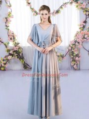 Extravagant Grey Chiffon Lace Up V-neck Short Sleeves Floor Length Vestidos de Damas Belt