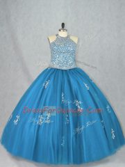 Best Floor Length Ball Gowns Sleeveless Blue Quinceanera Dresses Lace Up