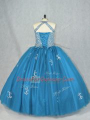 Best Floor Length Ball Gowns Sleeveless Blue Quinceanera Dresses Lace Up
