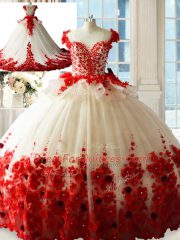 Attractive Hand Made Flower Sweet 16 Dress White And Red Zipper Sleeveless Brush Train