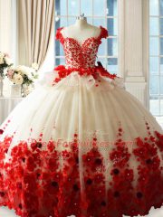 Attractive Hand Made Flower Sweet 16 Dress White And Red Zipper Sleeveless Brush Train