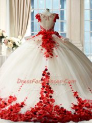 Attractive Hand Made Flower Sweet 16 Dress White And Red Zipper Sleeveless Brush Train
