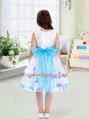 High Quality White A-line Tulle Scoop Sleeveless Appliques and Belt Knee Length Zipper Flower Girl Dresses