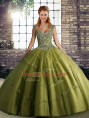 Unique Straps Sleeveless Lace Up Quinceanera Dresses Olive Green Tulle