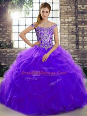 Customized Purple Ball Gowns Off The Shoulder Sleeveless Tulle Brush Train Lace Up Beading and Ruffles Quince Ball Gowns