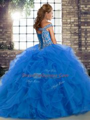 Customized Purple Ball Gowns Off The Shoulder Sleeveless Tulle Brush Train Lace Up Beading and Ruffles Quince Ball Gowns