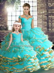 Decent Tulle Sleeveless Floor Length 15 Quinceanera Dress and Beading and Ruffled Layers