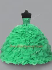 Exceptional Sleeveless Floor Length Beading and Ruffles Lace Up Vestidos de Quinceanera with Green